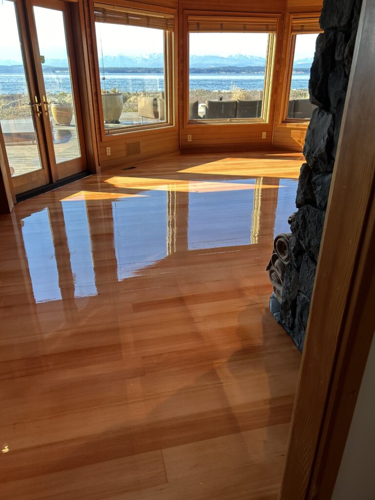 Refinished floor on water from Whidbey Island home